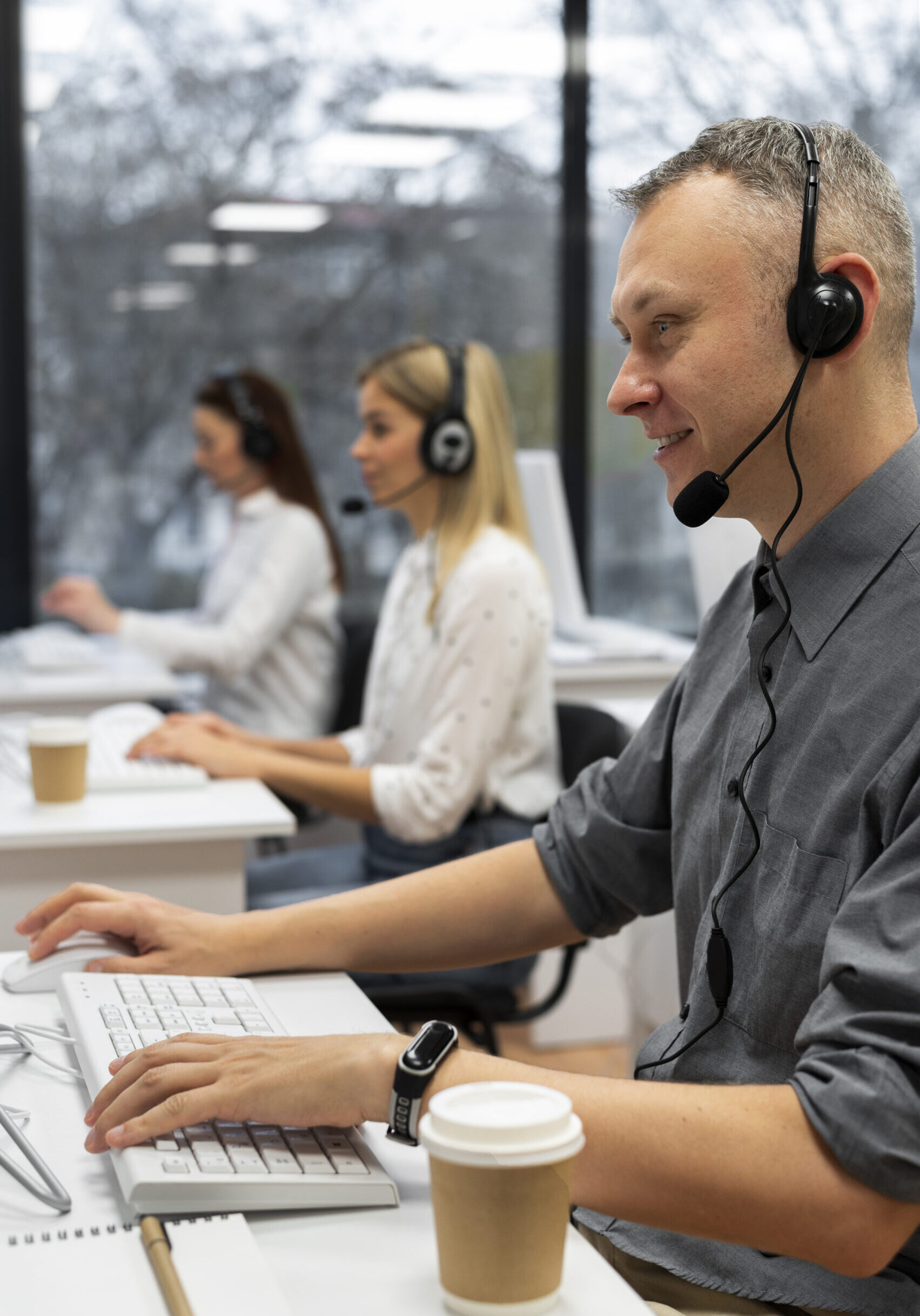 Colleagues Working Together Call Center Office With Coffee
